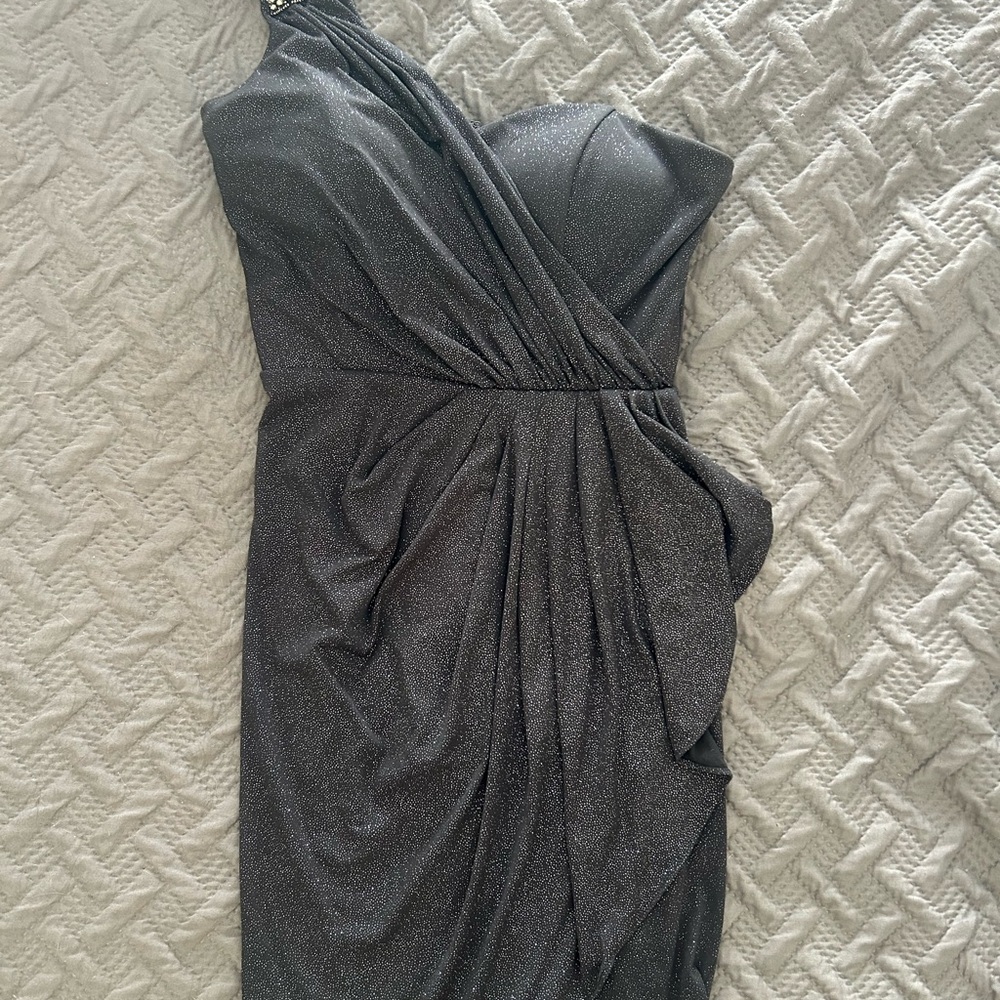 Xscape Shimmering Charcoal One-Shoulder Dress